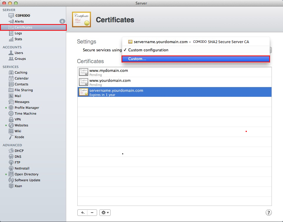 Mac OS X Mavericks, Certificate page select Custom