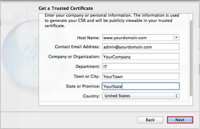 Mac OS X Mavericks Server App, Get a Trusted Certificate enter CSR information