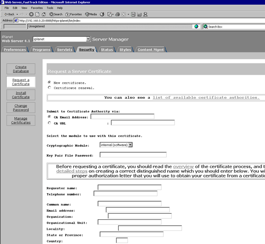 Server Certificate Request in I Planet