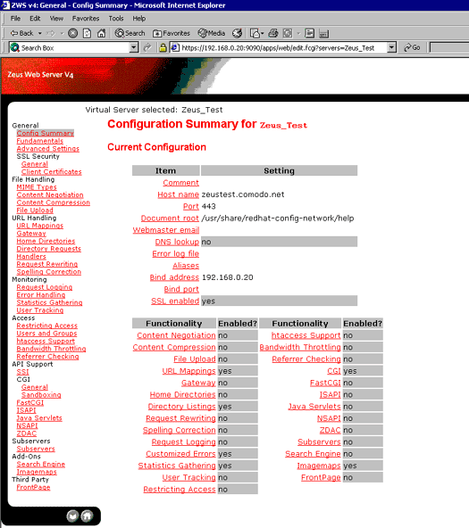 Zeus Configuration Summary